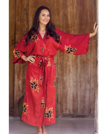 Hibiscus Red Hand Made Batik Robe from Indonesia