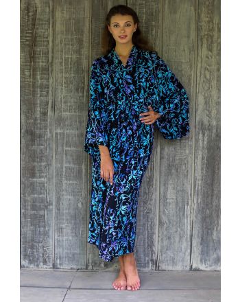 Twilight Roses Rayon Black Long Robe with Blue Purple Batik Floral Print