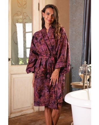 Twilight Bloom Purple and Brown Cotton Hand Crafted Batik Short Robe